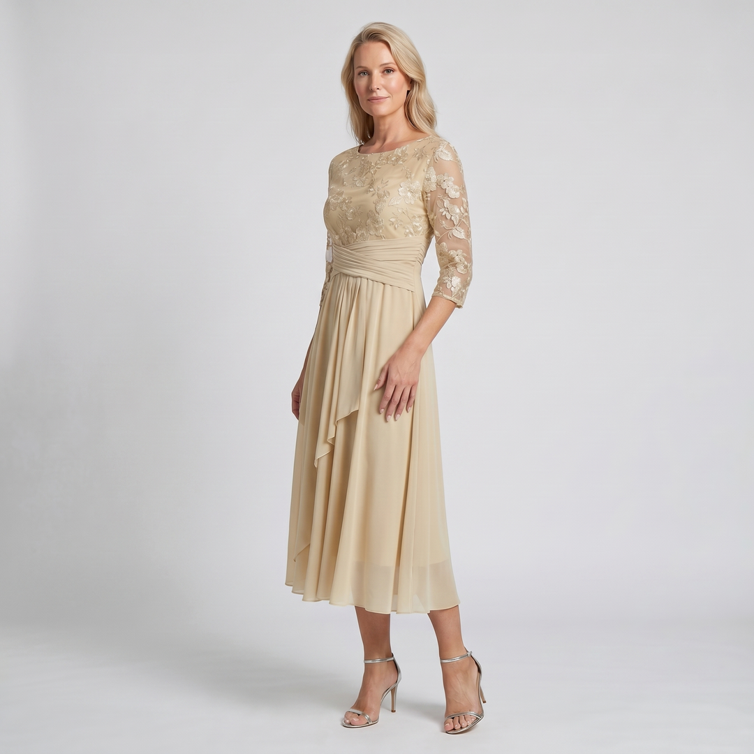 Champagne midi festkjole til kvinder, en elegant aftenkjole & bryllupsgæst kjole.