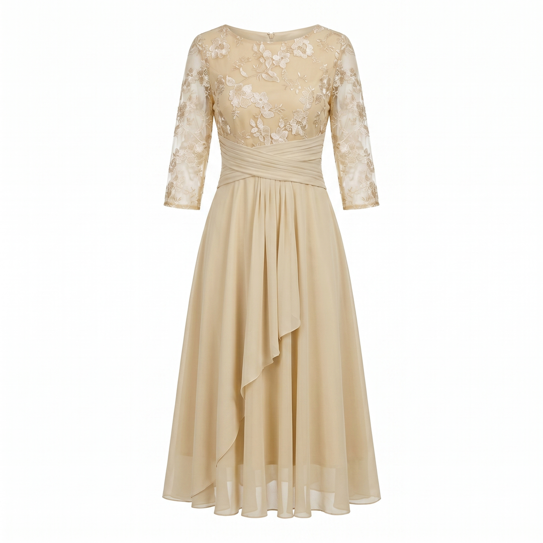 Festlig champagne midi kjole til kvinder, perfekt som elegant aftenkjole & bryllupsgæst outfit.