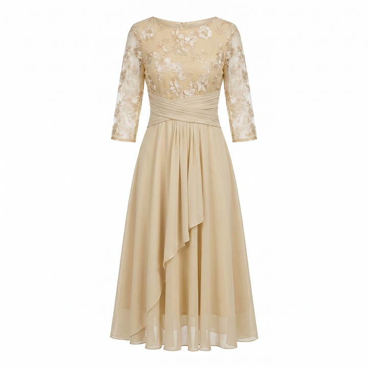 Festlig champagne midi kjole til kvinder, perfekt som elegant aftenkjole & bryllupsgæst outfit.