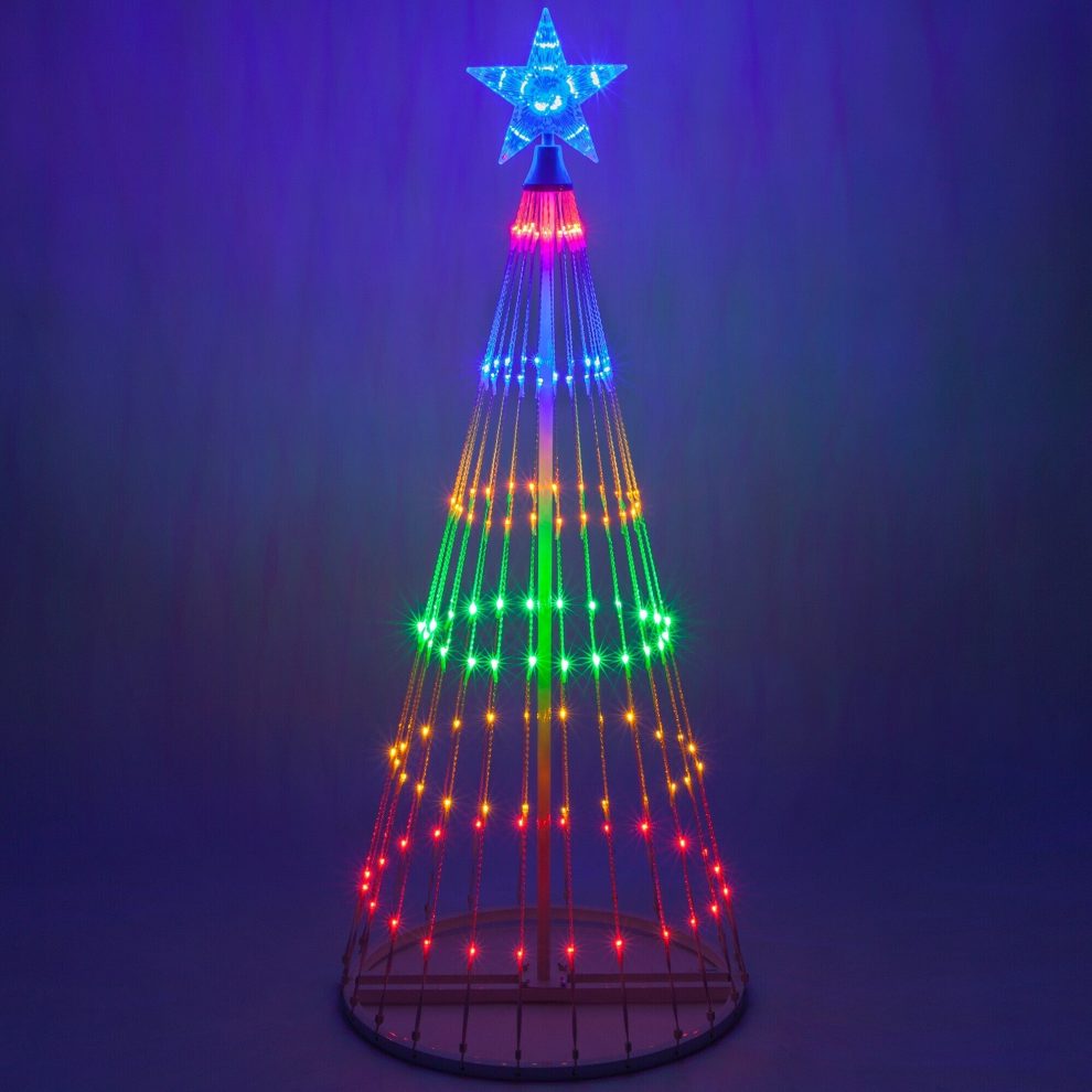XmasRay multifarvet LED juletræ med animeret lysshow, perfekt til udendørs julebelysning.