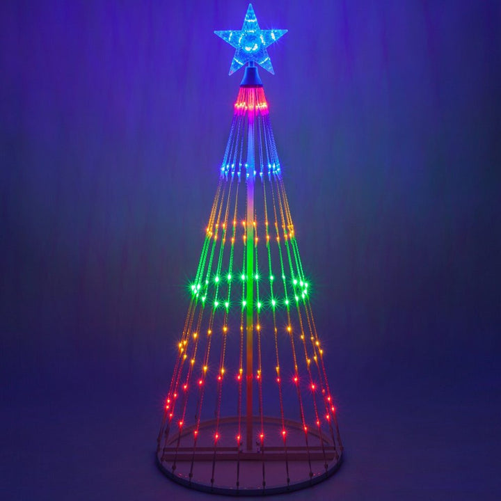 XmasRay multifarvet LED juletræ med animeret lysshow, perfekt til udendørs julebelysning.