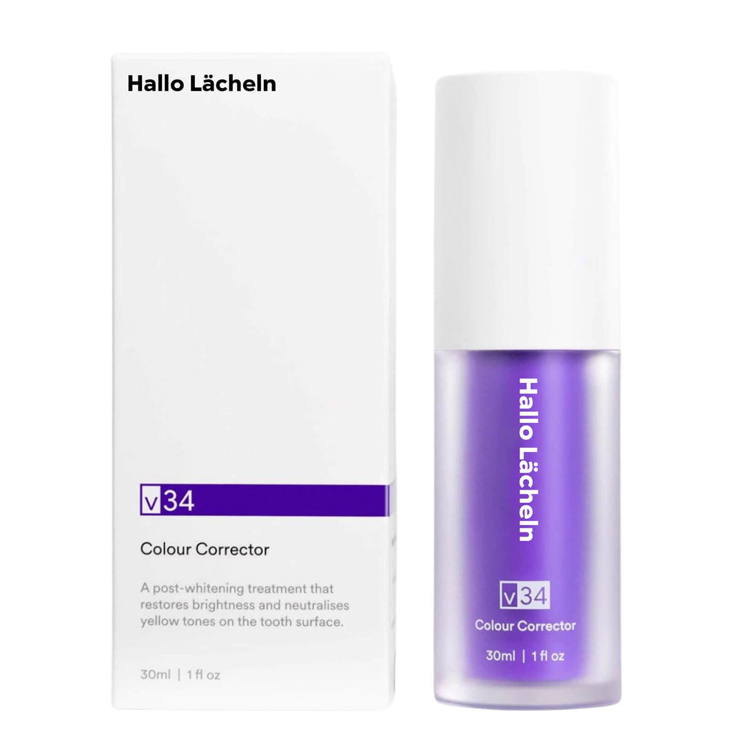 Tandblegningssæt med V34 farvekorrigerer, violet, til strålende hvide tænder, 1+1 GRATIS, attraktivt tilbud.