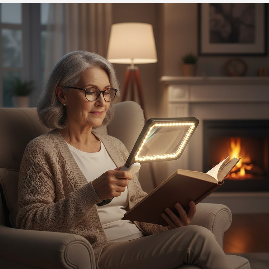 Praktisk forstørrelsesglas med LED-lys, perfekt som læsehjælp for ældre og svagsynede.